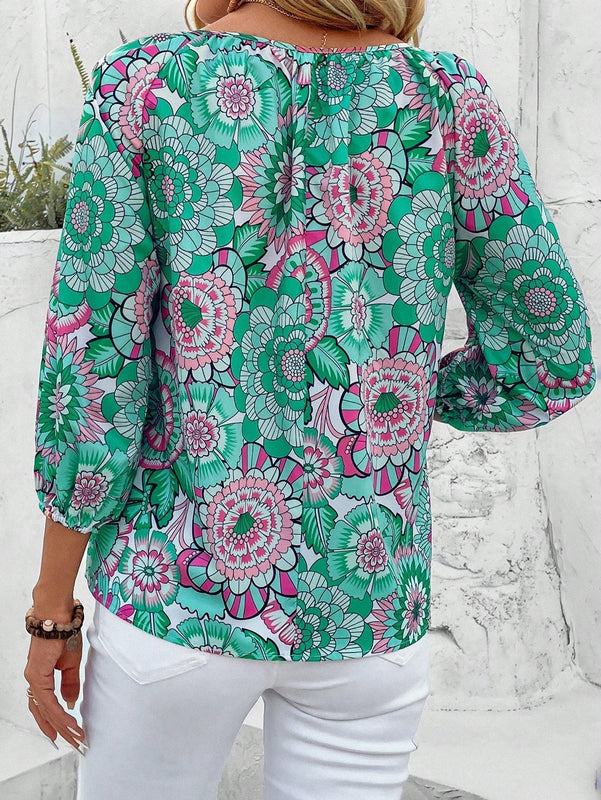 LUNE Camisa Con Estampado Floral Y Cintura Con Lazo En El Cuello