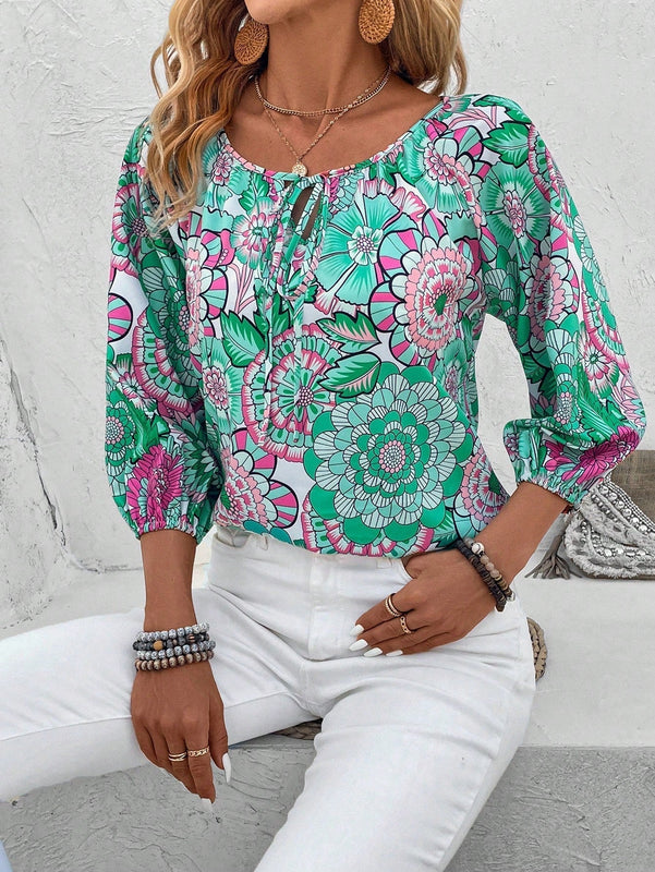 LUNE Camisa Con Estampado Floral Y Cintura Con Lazo En El Cuello