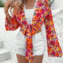 VCAY Blusa De Encaje De Parche Floral Impreso Para Mujer