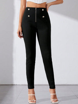 Tall Pantalones Pitillo Con Detalles De Botones Y Cremallera Para Mujer