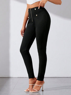 Tall Pantalones Pitillo Con Detalles De Botones Y Cremallera Para Mujer