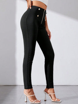 Tall Pantalones Pitillo Con Detalles De Botones Y Cremallera Para Mujer