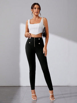 Tall Pantalones Pitillo Con Detalles De Botones Y Cremallera Para Mujer