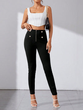 Tall Pantalones Pitillo Con Detalles De Botones Y Cremallera Para Mujer