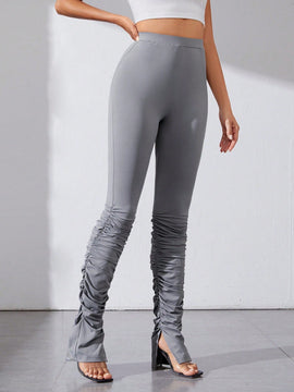Tall Pantalones Ajustados Con Diseno Plisado Y Con Abertura De Color Liso Para Mujer
