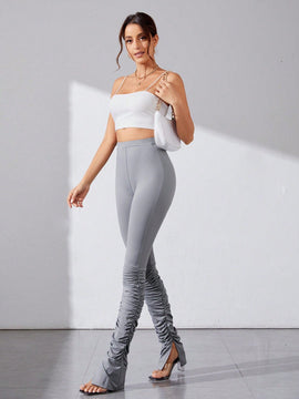 Tall Pantalones Ajustados Con Diseno Plisado Y Con Abertura De Color Liso Para Mujer