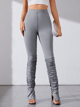 Tall Pantalones Ajustados Con Diseno Plisado Y Con Abertura De Color Liso Para Mujer