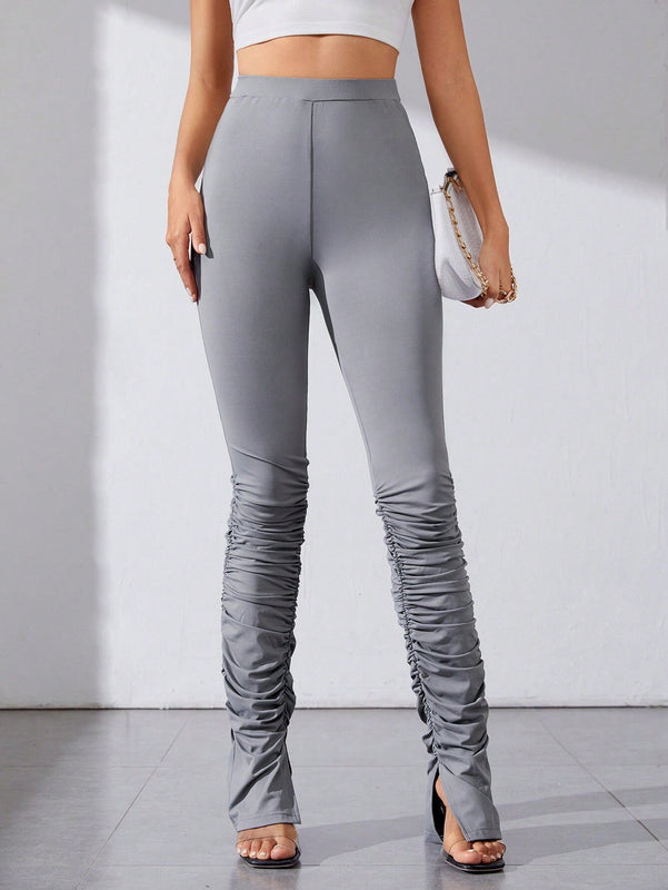 Tall Pantalones Ajustados Con Diseno Plisado Y Con Abertura De Color Liso Para Mujer