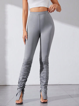 Tall Pantalones Ajustados Con Diseno Plisado Y Con Abertura De Color Liso Para Mujer