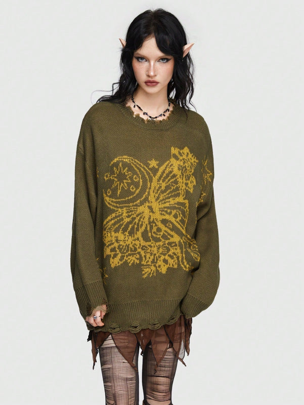 ROMWE Fairycore Sueter De Patron De Mariposa Con Flecos Para Mujer