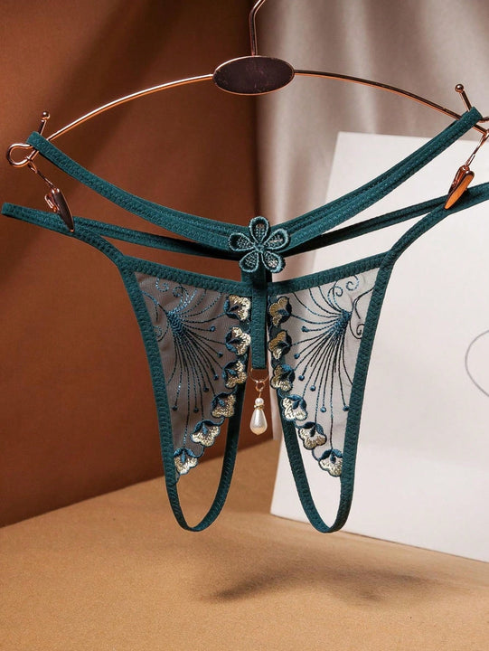 1 pieza de ropa interior atractiva para mujer en malla transparente con entrepierna abierta y doble perlas bordadas en la tanga