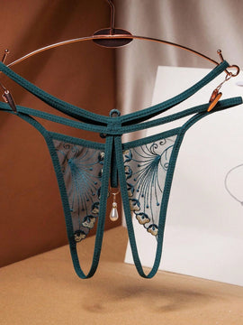 1 pieza de ropa interior atractiva para mujer en malla transparente con entrepierna abierta y doble perlas bordadas en la tanga