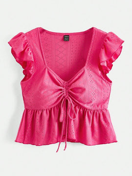 VCAY Blusa De Malla Bordada De Manga Abullonada Solida De Punto Para Mujer Con Cordon En El Pecho