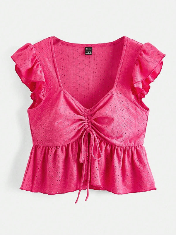 VCAY Blusa De Malla Bordada De Manga Abullonada Solida De Punto Para Mujer Con Cordon En El Pecho
