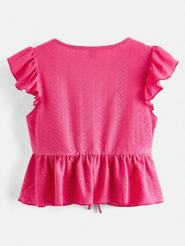 VCAY Blusa De Malla Bordada De Manga Abullonada Solida De Punto Para Mujer Con Cordon En El Pecho