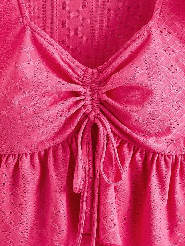 VCAY Blusa De Malla Bordada De Manga Abullonada Solida De Punto Para Mujer Con Cordon En El Pecho