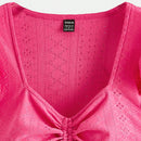 VCAY Blusa De Malla Bordada De Manga Abullonada Solida De Punto Para Mujer Con Cordon En El Pecho