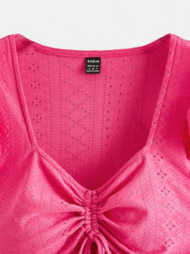 VCAY Blusa De Malla Bordada De Manga Abullonada Solida De Punto Para Mujer Con Cordon En El Pecho