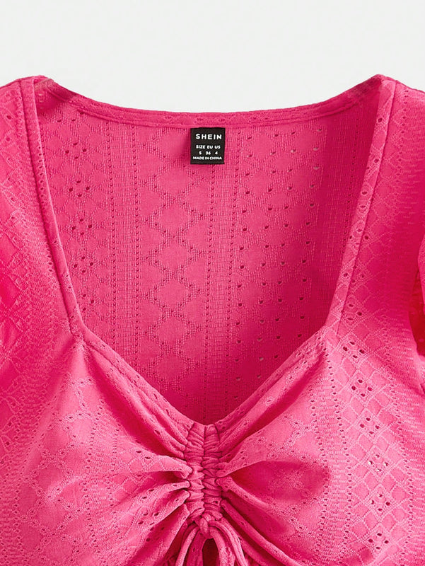 VCAY Blusa De Malla Bordada De Manga Abullonada Solida De Punto Para Mujer Con Cordon En El Pecho