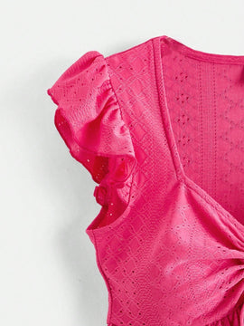 VCAY Blusa De Malla Bordada De Manga Abullonada Solida De Punto Para Mujer Con Cordon En El Pecho