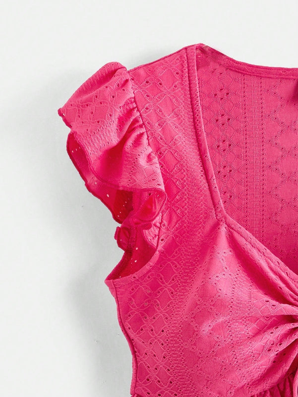 VCAY Blusa De Malla Bordada De Manga Abullonada Solida De Punto Para Mujer Con Cordon En El Pecho