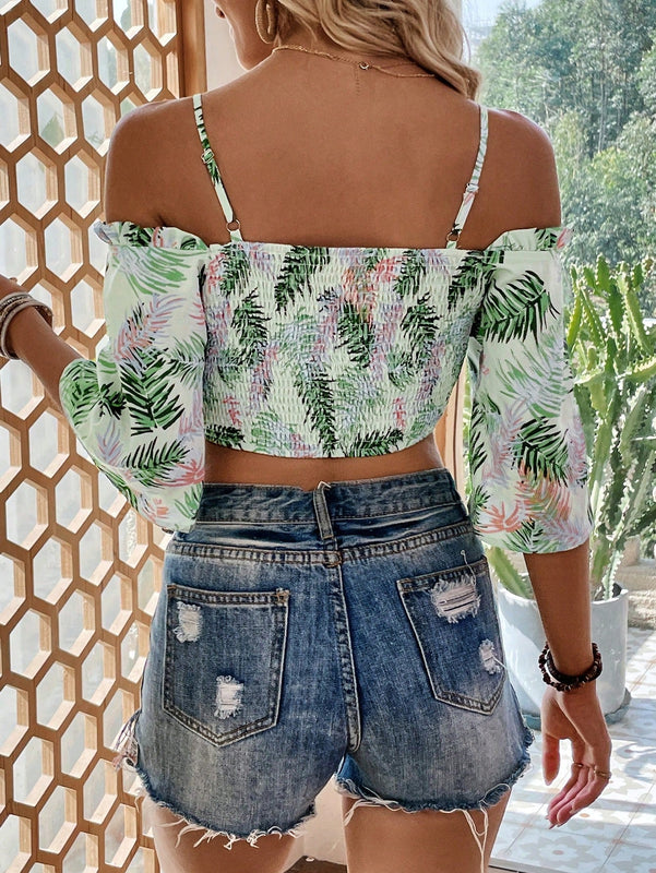 VCAY Camisa corta con hombros descubiertos y estampado tropical