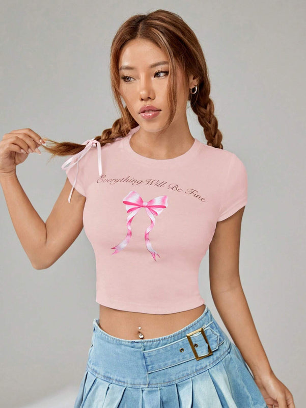 Camiseta Corta Con Estampado De Eslogan Y Lazo