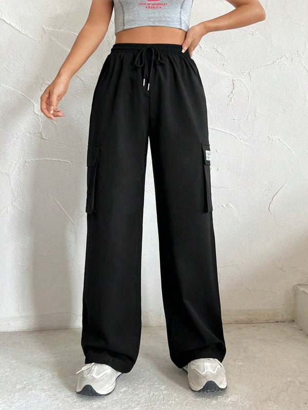 Pantalones Rectos De Trabajo Con Bolsillo De Solapa Y Aplique De Letra