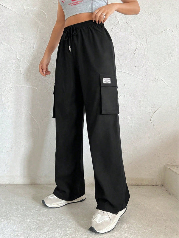 Pantalones Rectos De Trabajo Con Bolsillo De Solapa Y Aplique De Letra