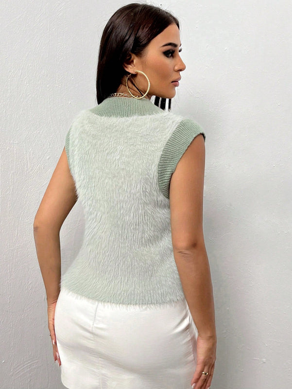 SXY Chaleco De Sueter Con Cuello En V Y Ribete De Contraste