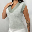 SXY Chaleco De Sueter Con Cuello En V Y Ribete De Contraste
