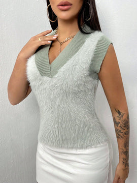 SXY Chaleco De Sueter Con Cuello En V Y Ribete De Contraste