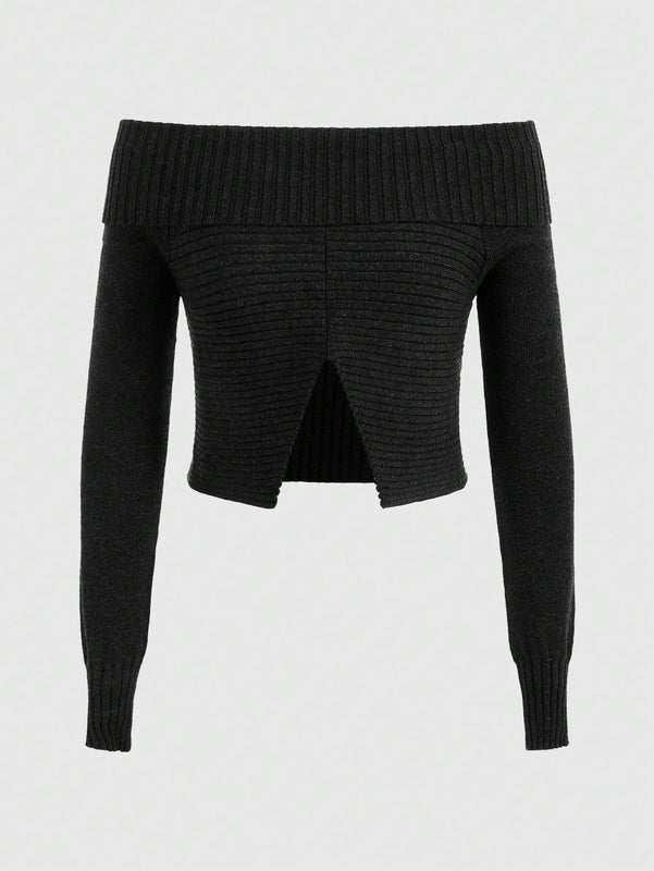 ROMWE Goth Jersey De Canale De Punto Con Hombros Descubiertos Y Dobladillo Dividido Para Mujer