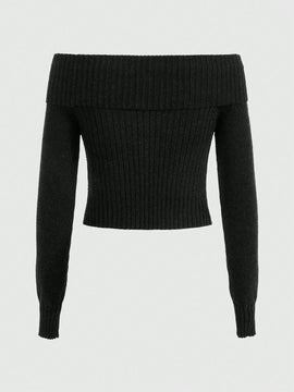 ROMWE Goth Jersey De Canale De Punto Con Hombros Descubiertos Y Dobladillo Dividido Para Mujer