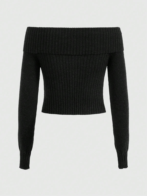 ROMWE Goth Jersey De Canale De Punto Con Hombros Descubiertos Y Dobladillo Dividido Para Mujer
