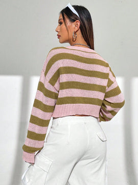 EZwear Sueter Corto A Rayas Con Hombros Caidos