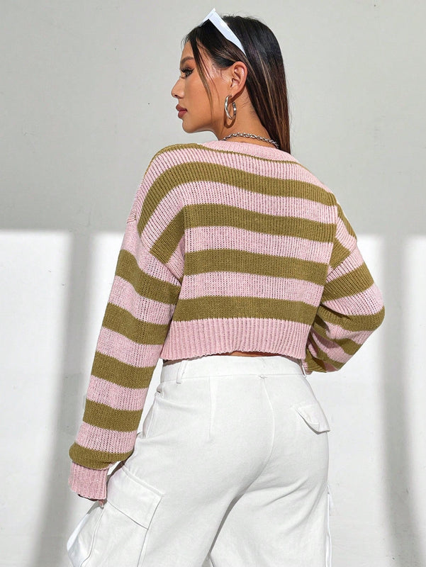 EZwear Sueter Corto A Rayas Con Hombros Caidos