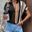 Camisa De Mujer A Rayas Con Diseno De Bloque De Color En Botones Delanteros Y Cuello Con Muesca