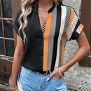 Camisa De Mujer A Rayas Con Diseno De Bloque De Color En Botones Delanteros Y Cuello Con Muesca