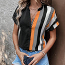 Camisa De Mujer A Rayas Con Diseno De Bloque De Color En Botones Delanteros Y Cuello Con Muesca