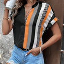 Camisa De Mujer A Rayas Con Diseno De Bloque De Color En Botones Delanteros Y Cuello Con Muesca