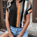 Camisa De Mujer A Rayas Con Diseno De Bloque De Color En Botones Delanteros Y Cuello Con Muesca