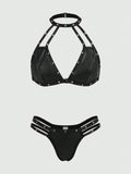 ROMWE Grunge Punk Conjunto De Ropa Interior De PU Con Cuello Halter Decorativo Con Cuentas