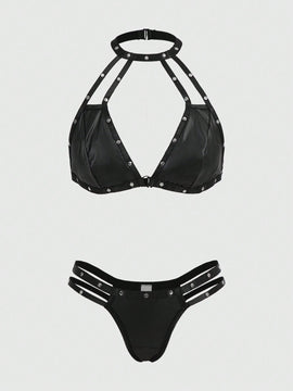 ROMWE Grunge Punk Conjunto De Ropa Interior De PU Con Cuello Halter Decorativo Con Cuentas