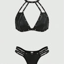 ROMWE Grunge Punk Conjunto De Ropa Interior De PU Con Cuello Halter Decorativo Con Cuentas