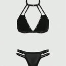 ROMWE Grunge Punk Conjunto De Ropa Interior De PU Con Cuello Halter Decorativo Con Cuentas