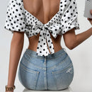 Essnce Blusa Para Mujer Con Estampado De Lunares, Mangas De Linterna Cortas Y Ajustada