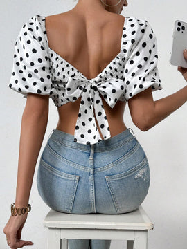 Essnce Blusa Para Mujer Con Estampado De Lunares, Mangas De Linterna Cortas Y Ajustada
