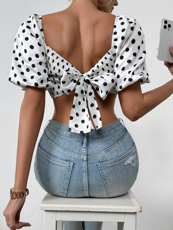 Essnce Blusa Para Mujer Con Estampado De Lunares, Mangas De Linterna Cortas Y Ajustada