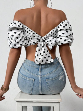 Essnce Blusa Para Mujer Con Estampado De Lunares, Mangas De Linterna Cortas Y Ajustada